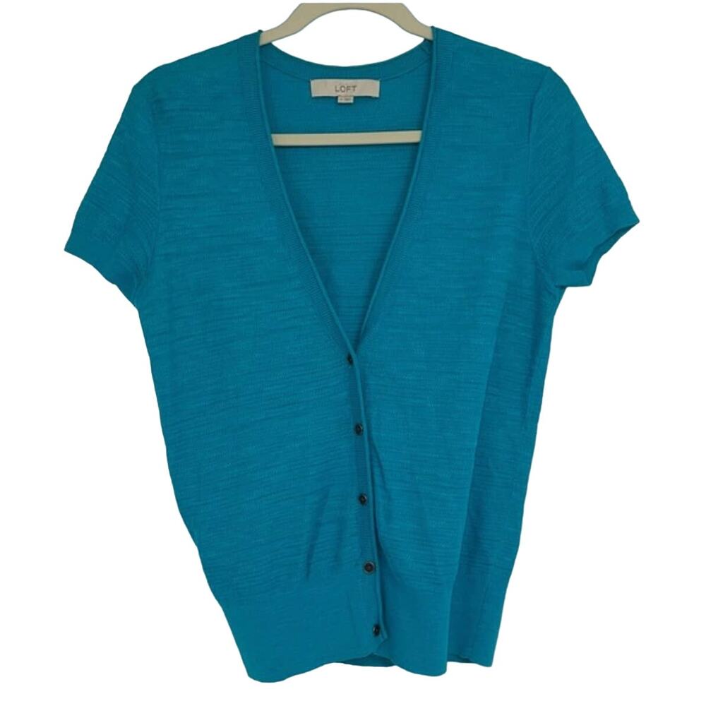 LOFT TEAL BLUE BUTTON DOWN V-NECK SHORT SLEEVE COTTON SWEATER SIZE SMALL